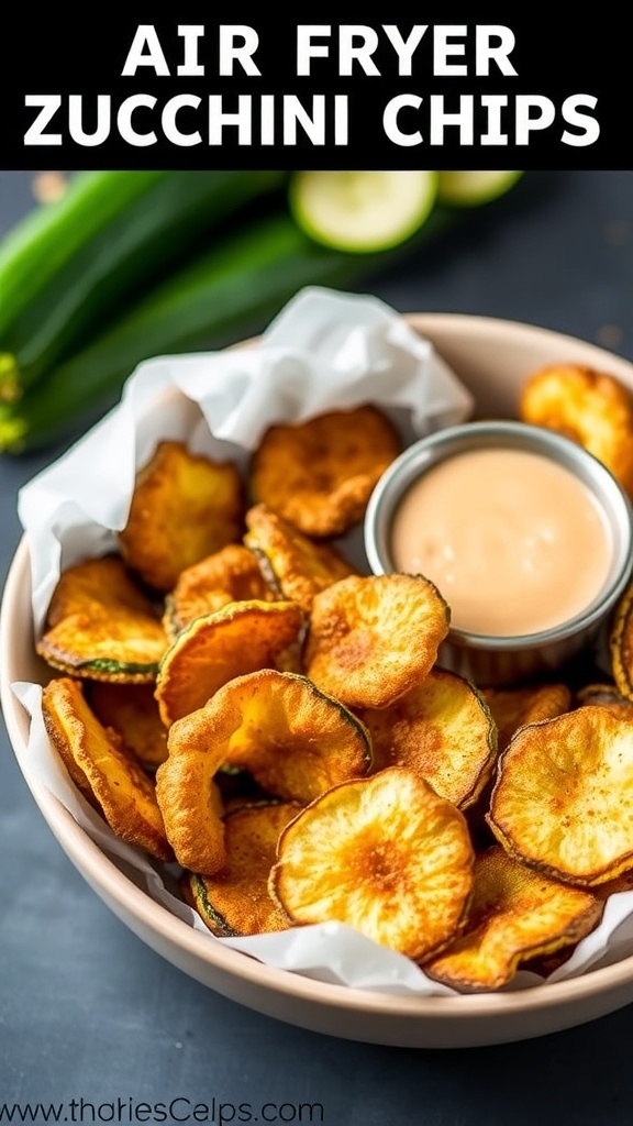Crispy Air Fryer Zucchini Chips Recipe Crispy air fryer zucchini chips in a bowl with dipping sauce, garnished with fresh zucchini slices.